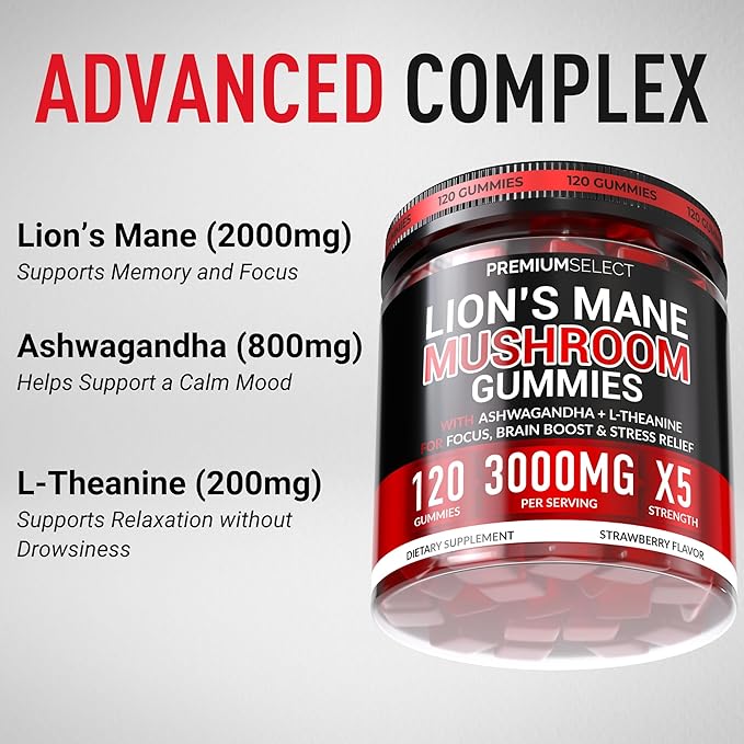 Lions Mane Gummies Sugar Free – 120 Gummies for Clarity &amp Brain Nutrition Support - Lion's Mane Mushroom 3000mg with Ashwagandha &amp L-Theanine – Brain &amp Mood Supplement – Focus Memory Cal