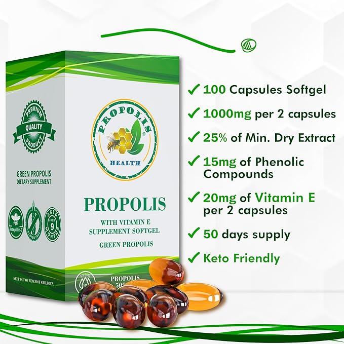 Propolis Health Propolis Capsules 1000mg-Daily with Vitamin E Per dose - Pure Brazilian Green Propolis Extract - Immune Booster 50 Days Supply -100 Capsules