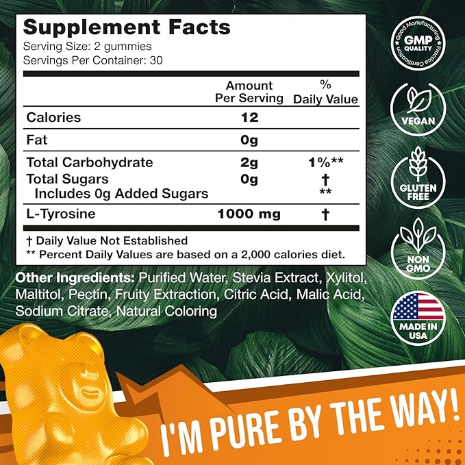 2 Pack - JOYLI L-Tyrosine Gummies 1000MG – Sugar-Free Vegan Focus Supplement &amp Mood Support for Kids &amp Adults – 500mg Per Gummy – Sleep Gummies for Memory Energy &amp Wellness – 60 Pcs per P