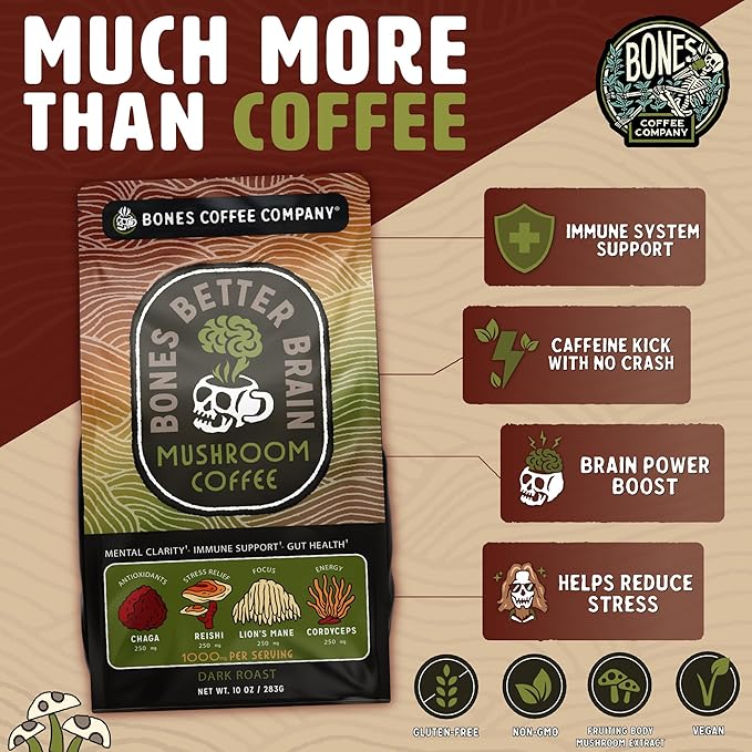 Bones Coffee Company Better Brain Mushroom Coffee Medium Roast &amp Dark Roast – Functional Coffee with Lion’s Mane &amp Chaga | Focus Energy &amp Clarity | Ground Coffee 2-Pack Virtual Bundle