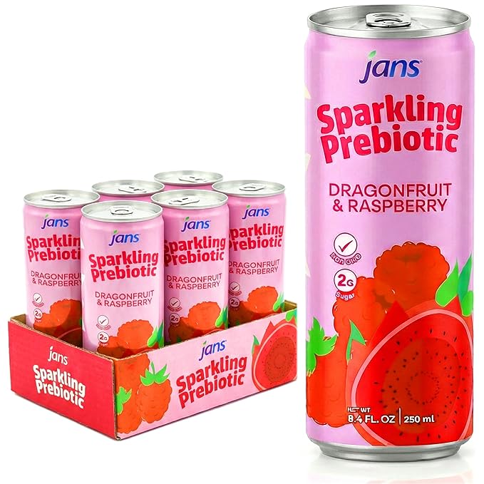 Jans Sparkling Prebiotic Drink Soda Beverage 8.4 Fl Oz (24-Pack Variety Flavors) – Low Calorie NO Added Sugar Non-GMO Sparkling Fruit Beverage Gut Health Support