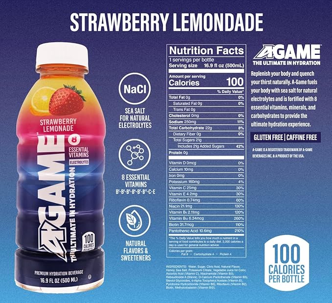 A-GAME Sports Drink Strawberry Lemonade The Ultimate Hydration Sports Beverage for Athletes 8 Essential Vitamins including B C &amp E plus Natural Sea Salt Electrolytes All Natural Flavors &amp