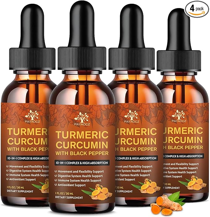 (4 Pack) Organic Turmeric Curcumin Supplement with Black Pepper and Ginger - Liquid Turmeric Extract Drops with Cinnamon Rosemary - Mobility and Flexibility Support and Digestive Health - 1 Fl Oz