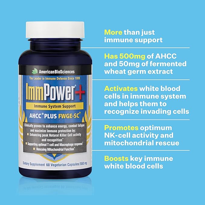 American BioSciences ImmPower Plus AHCC &amp Fermented Wheat Germ Extract Herbal Supplement 550mg per Capsule for Immune Support Maintains Natural Killer Cell Activity Pack of 1 60 Veggie Capsul