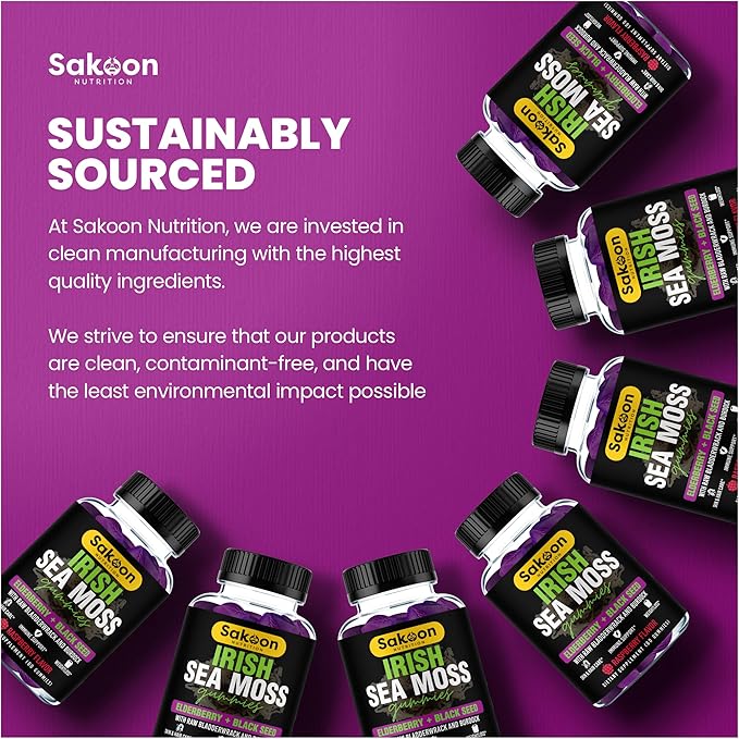 Sakoon nutrition Irish Sea Moss Gummies with Elderberry &amp Black Seed Oil - Overall Wellness Support | Rich in Vitamins Raspberry Flavor | 60 Gummies