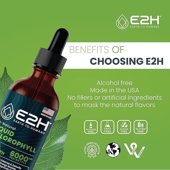 E2H Chlorophyll Liquid Drops - All-Natural Flavored Energy Booster Immune System Support and Internal Deodorant - Vegan - Gluten Free - Non-GMO - 2 Fl Oz