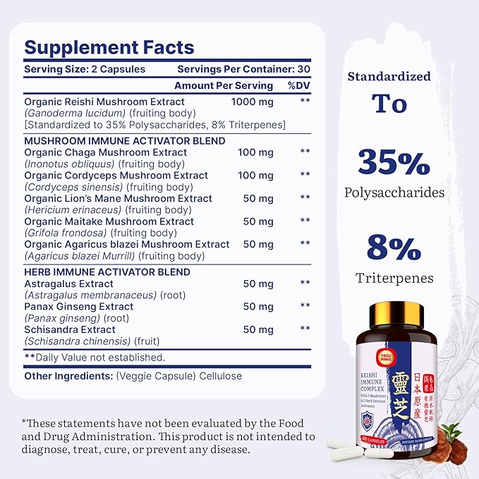 Japanese Reishi Mushroom Complex Supplement 1500mg - ReishiChagaCordycepsLion's ManeMaitakeAgaricus Mushrooms Extract &amp 3 HerbOrganic Mushroom Capsules for ImmuneBrainEnergy (Pack of 1)