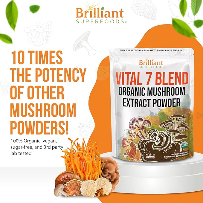 Ellie's Best 7 Mushroom Powder Extract Organic Blend - Reishi Lion's Mane Chaga Turkey Tail Cordyceps Maitake &amp Shiitake - Double Extracted - Pure No Fillers - 8oz / 228 1g Servings……