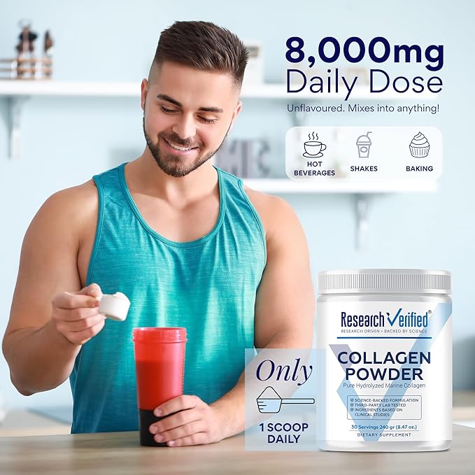 Research Verified® Collagen Powder - Hydrolyzed Marine Collagen Peptides - Unflavored - Skin Hydration and Elasticity Muscle Recovery Non GMO - 30 Scoops Per Container - 1 Month Supply
