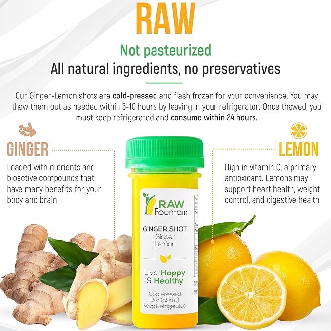 20 Ginger Shots with Lemon 2fl Oz Vitamin C Raw and Cold Pressed Unpasteurized Boosts Immunity All Natural No Artificial Flavors or Preservatives