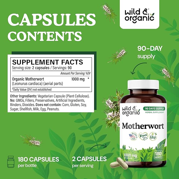 Wild &amp Organic Motherwort Capsules 1000 mg - Calmness &amp Women's Support - Natural Motherwort Supplement - 90 Days of Supply - 180 Vegan Herb Capsules - Non-GMO Gluten-Free No Additives