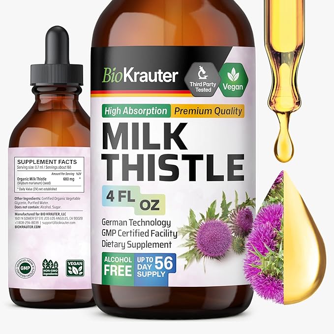 BIO KRAUTER® Milk Thistle Supplement - Liquid Pure Vegan Milk Thistle Extract 680 mg per Serving 4 Fl.Oz 56 Days of Supply - Liver Cleanse &amp Detox Сontains Silymarin - Alcohol &amp Sugar Free