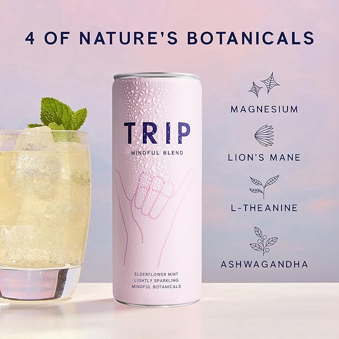TRIP Lightly Sparkling Adaptogen Seltzer Non-Alcoholic Mocktail with Magnesium Ashwagandha Lions Mane &amp L Theanine No Added Sugar Vegan Original Variety Pack 12 Oz 12Pk