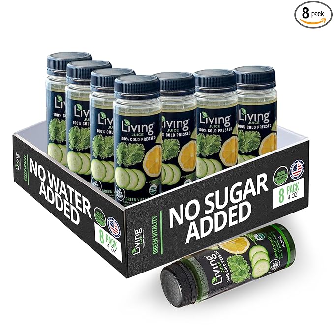 O2 Living Juice Cold Pressed Drink - Green Vitality Organic Juice Pack - No Added Sugars or Water Naturally Sweetened from Fruits Packed with Nutrients &amp Vitamins - Non-GMO - 4 fl oz - 8 Pack