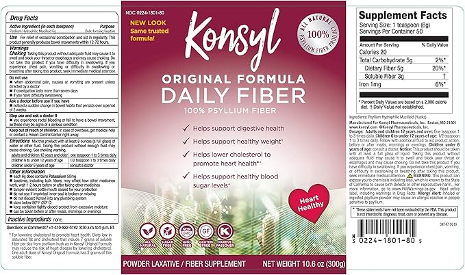 KONSYL PHARMACEUTICALS Original Formula 100% Psyllium Fiber 10.6 Ounce Powder