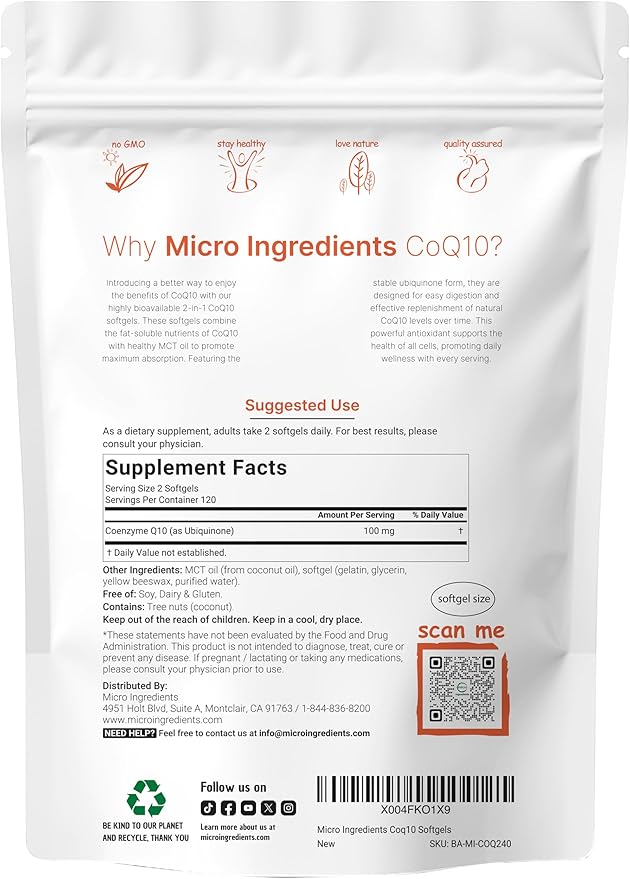 Micro Ingredients 8-in-1 Multi Collagen Capsules &amp CoQ10 100mg Softgels Bundle 2 Pack | Grass-Fed Collagen Peptides | High Absorption Ubiquinone with Coconut MCT Oil
