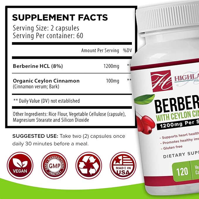 Berberine with Ceylon Cinnamon 1200 mg - Berberine HCL and Cinnamon for Blood Sugar and Metabolic Support - Non-GMO - Natural Support for Healthy Lifestyle - 120 Veg Capsules