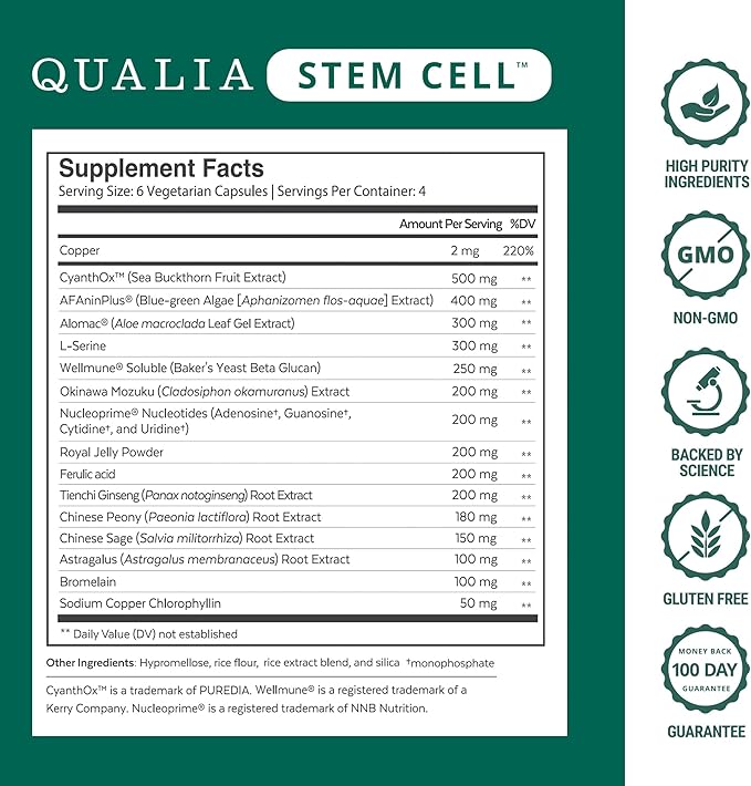 Qualia Stem Cell — Stem Cell Supplement Support with Royal Jelly Astragalus &amp Sea Buckthorn | 16 Ingredients | 4 Days a Month | Helps Body Naturally heal*