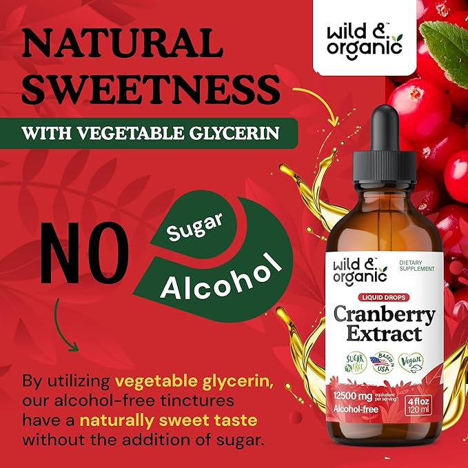 Wild &amp Organic Cranberry Concentrate Liquid Drops 12500 mg - Urinary Tract Support with Cranberry Supplement for Women &amp Men - 500 mg Extract per Serving - Vegan Sugar &amp Alcohol-Free - 4