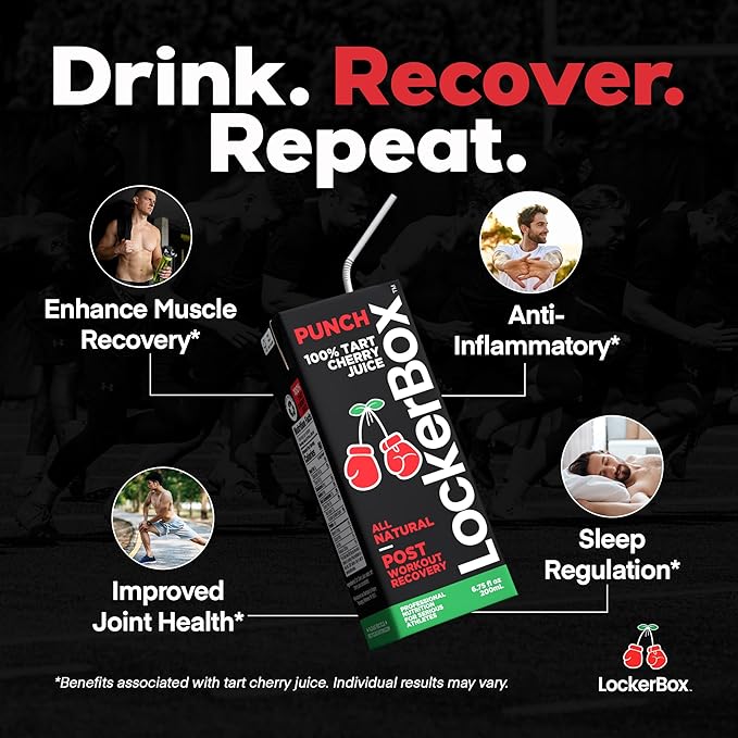 LockerBox PUNCH 100% Tart Cherry Juice Box (40 Pack) 6.75 oz | Organic Workout Recovery Drink | Natural Sleep Support | Sugar Free Zero Caffeine | Grab-and-Go Juice Boxes for Athletes &amp Teams