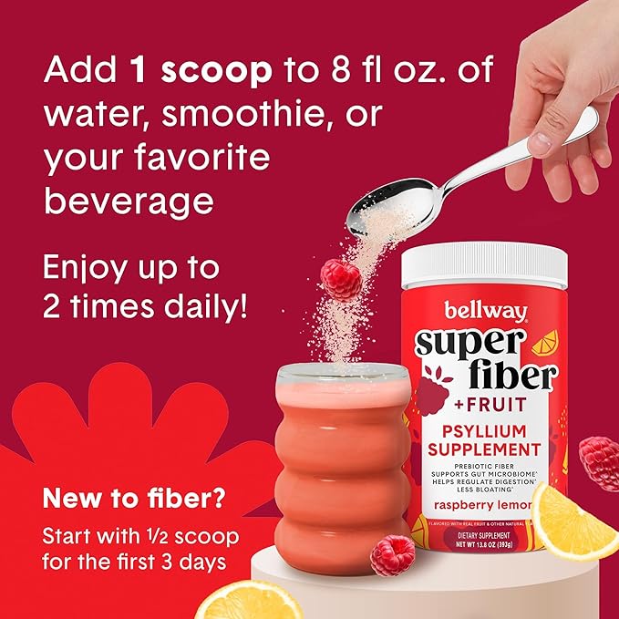 Bellway Super Fiber Powder + Fruit Sugar Free Organic Psyllium Husk Powder Fiber Supplement for Regularity Bloating Relief &amp Digestive Health Plant-Based Raspberry Lemon (50 Servings)