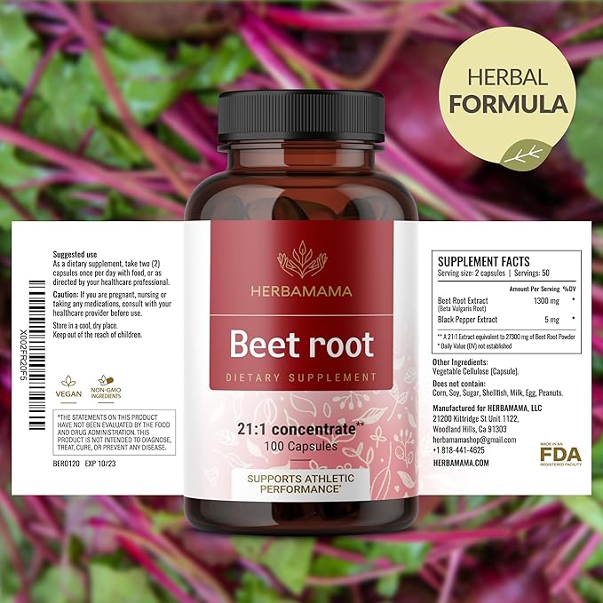 HERBAMAMA Beet Root Extract 21:1 – 1300mg per Serving = 27300mg Beet Root Powder with Black Pepper for Energy Antioxidant &amp Immune Support – Vegan Non-GMO