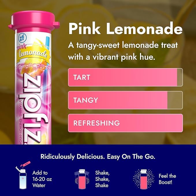 Zipfizz Daily Energy Drink Powder Pink Lemonade 20 Pack | 3-in-1 Sustained Energy Rapid Hydration and Essential Vitamins | Sugar-Free | Electrolyte Powder | Contains Vitamin B-12 &amp Antioxidant
