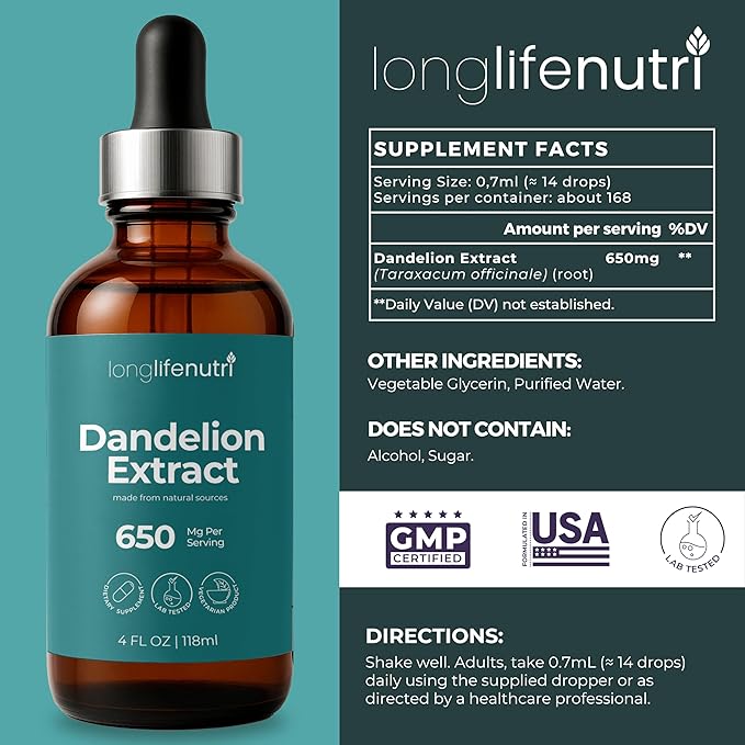 Dandelion Root Extract Liquid Drops - Sourced from Taraxacum Officinale 4 Fl Oz Organic Supplement for Natural Digestion &amp General Wellness Sugar-Free No Alcohol GMP Certified