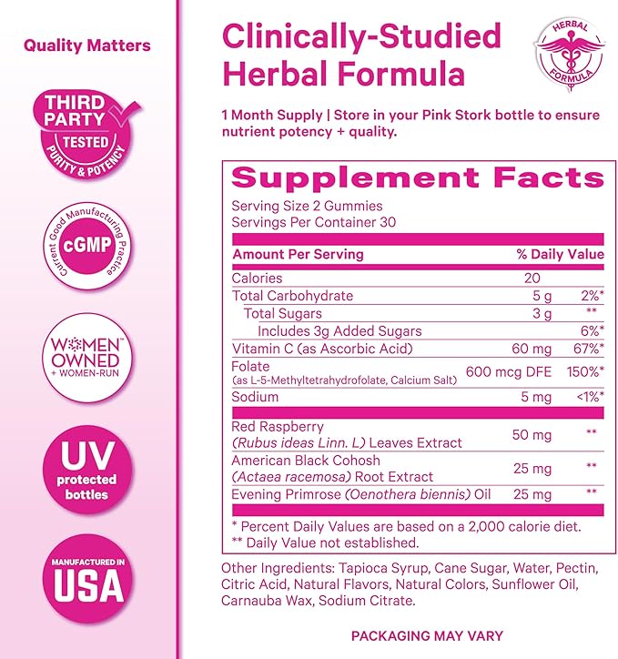 Pink Stork Hormone Balance Gummies for Women – PMS Menopause &amp Estrogen Support – Mood Bloating Hot Flashes &amp Energy – Red Raspberry Leaf Black Cohosh Primrose – 60 Vegan Gummies