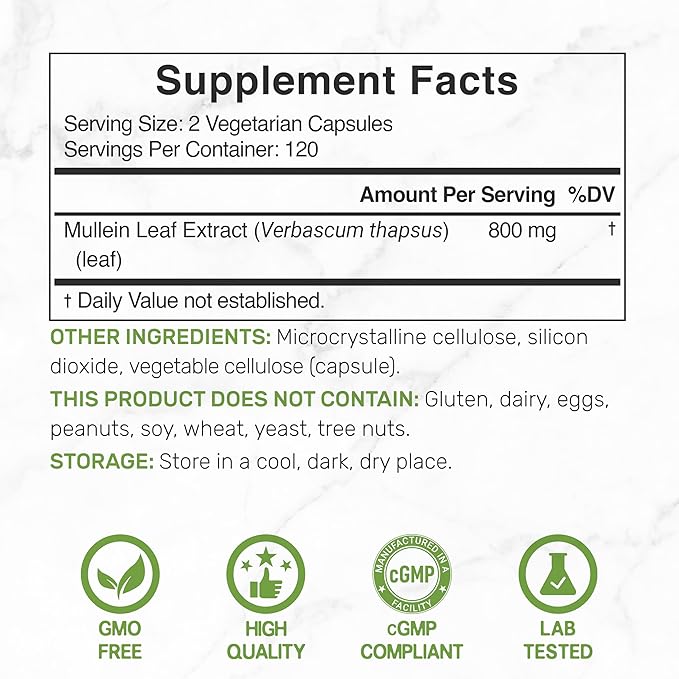 DEAL SUPPLEMENT Mullein Leaf Extract 240 Veggie Capsules – 4 Month Supply – Non-GMO Vegan