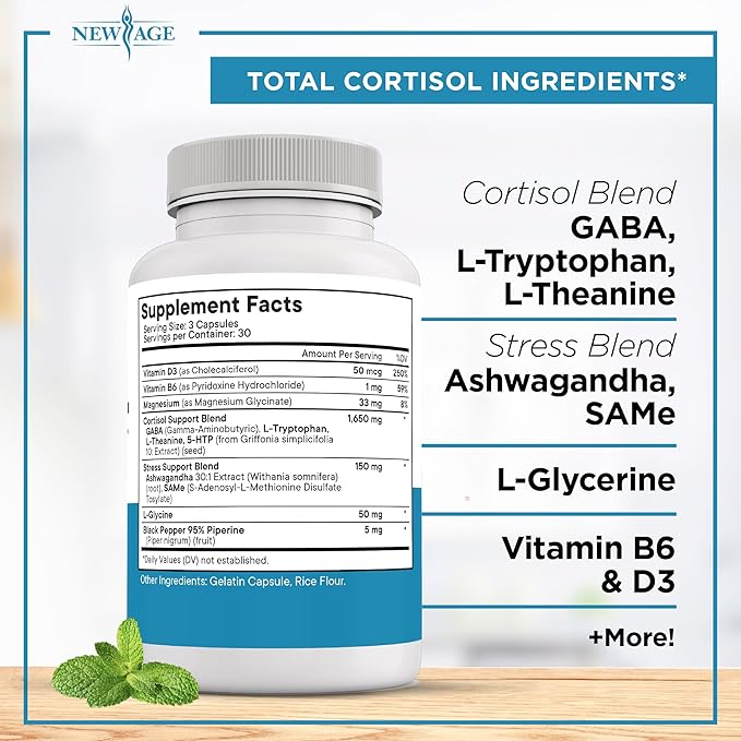 NEW AGE Cortisol Supplement for Women - Natural Cortisol Detox Manager Reducer - Ashwagandha GABA 5 HTP L-Tryptophan L-Theanine - 180 Count