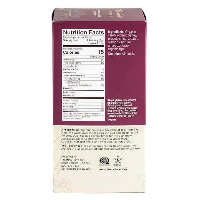 Teeccino Almond Amaretto Herbal Tea - Rich &amp Roasted Herbal Tea That's Caffeine Free &amp Prebiotic for Natural Energy 25 Tea Bags (3 Pack)