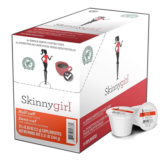 Skinnygirl Half Caff Coffee Pods for Keurig K Cups Brewers Reduced Caffeine Medium Roast Coffee in Single Serve Cups 24 Count