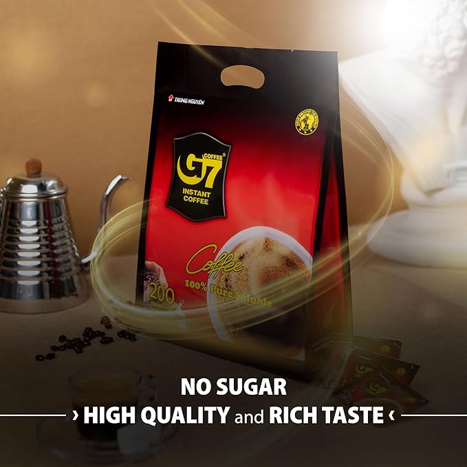 TRUNG NGUYEN G7 PURE BLACK Instant Coffee for Energy Boost - 100% Soluble Coffee Without Sugar - Strong Pure &amp Rich Vietnamese Instant Energy - Original Taste for Connoiseurs (200 Sachets/Bag)