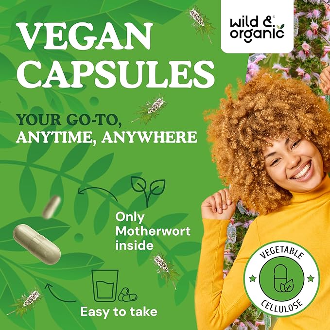 Wild &amp Organic Motherwort Capsules 1000 mg - Calmness &amp Women's Support - Natural Motherwort Supplement - 60 Days of Supply - 120 Vegan Herb Capsules - Non-GMO Gluten-Free No Additives