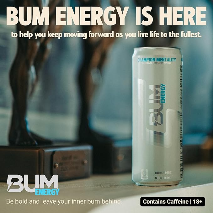 BUM Sugar-Free Energy Drink Champion Mentality - Lightly Carbonated &amp No Artificial Colors Natural Caffeine &amp Citicoline for Energy &amp Focus Brain Boost &amp Workout Sports Beverage - 1