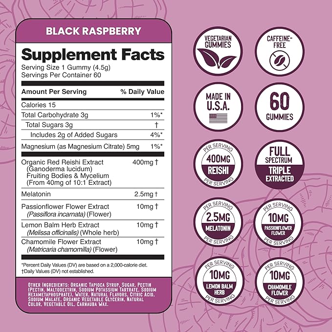 Troomy Sleep Gummies for Adults and Kids Great Tasting Black Raspberry Red Reishi Mushroom Easy Restful Natural Sleep Aid 60 Count