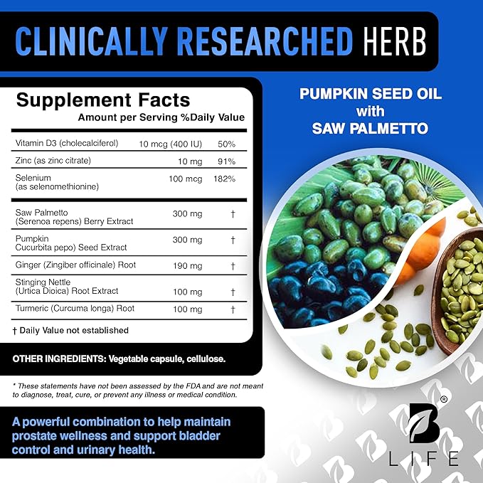 Prostate Health Supplements for Men with Saw Palmetto for Men &amp Pumpkin Seed Oil Capsules - Stinging Nettle Root| 60 Capsules – 30-Day Supply