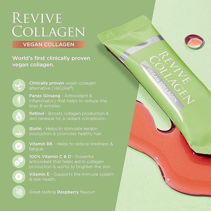 Revive Collagen 2500mg Plant-Based Vegan Collagen Peptides – Skin Hydrating Liquid Supplement with Vitamins B C D E Raspberry Flavor – Vegan Collagen for Women 21 Fl Oz 28 Sachets