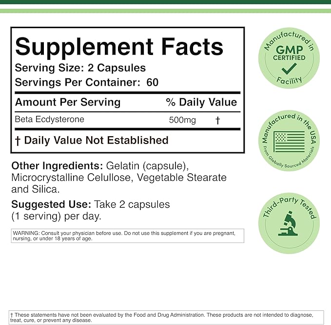 Beta Ecdysterone Supplement - 500mg Per Serving (120 Capsules 60 Servings) Powerful Plant Anabolic to Support Men's Health (Non-GMO and Gluten Free) by Double Wood