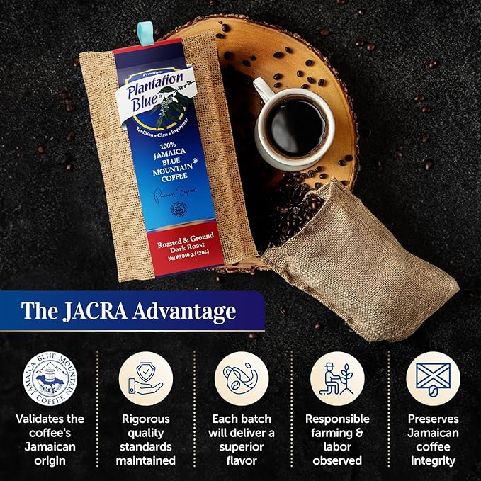 Plantation Blue 100% Blue Mountain Coffee Dark Roast Ground Premium Jamaican Coffee 12oz