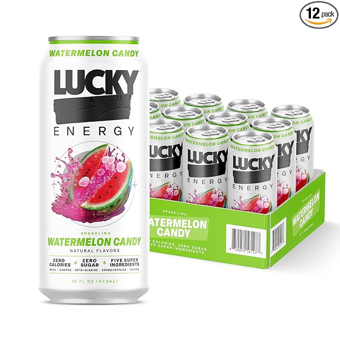 Lucky Energy Sugar Free Energy Drinks Watermelon Candy 16oz Cans (12-Pack) Healthy Zero Sugar Energy Drink with Maca Ginseng Beta-Alanine Taurine &amp 200mg Caffeine