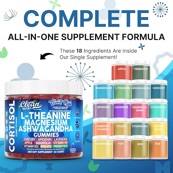 Clean Nutra Cortisol Supplement Gummies L-Theanine Magnesium Ashwagandha Apigenin Vitamin B6 Sleep and Calm Support Lavender Chicory Prebiotic Advanced Gummy Formula