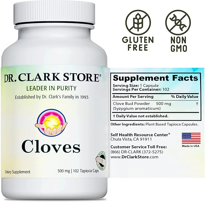 Dr Clark Store Cloves Vegetarian 500mg 102 Tapioca Capsules – Helps Maintain Liver Performance and Blood Circulation