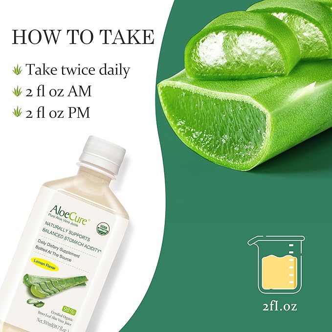 AloeCure USDA Organic Aloe Vera Juice Lemon Flavor - Made Within 12 Hours of Harvest - Natural Digestive Supplement for Balanced Stomach Acidity - Support Digestive and Immune Health 4 Btls x 16.7oz