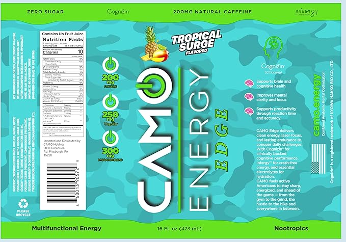 CAMO Energy Edge Tropical Surge Energy Drink 16oz Cans 24 Pack Ultra Premium Caffeine Blend with Infinergy® DiCaffeine Malate Cognizin® Citicoline for Cognitive Fitness Zero Sugar