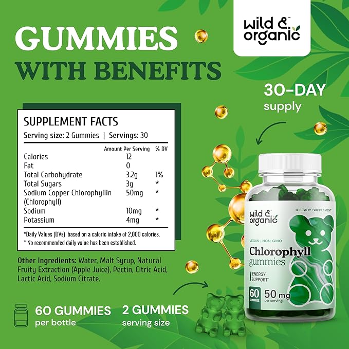Wild &amp Organic Chlorophyll Gummies 50mg - Detox Cleanse Supplements w/Sodium Copper Chlorophyllin - Internal Deodorant w/Chlorophyll Powder - Vegan Non-GMO - 60 Herbal Chews