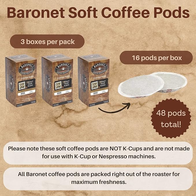 Baronet Coffee Donut Shop Coffee Pods Bag - Regualr Strength Light Roast - 3 Boxes of 16 Single Serve Pods - 48 Count 12 Grams - Individually Wrapped for Freshness - Rich Traditional Flavor