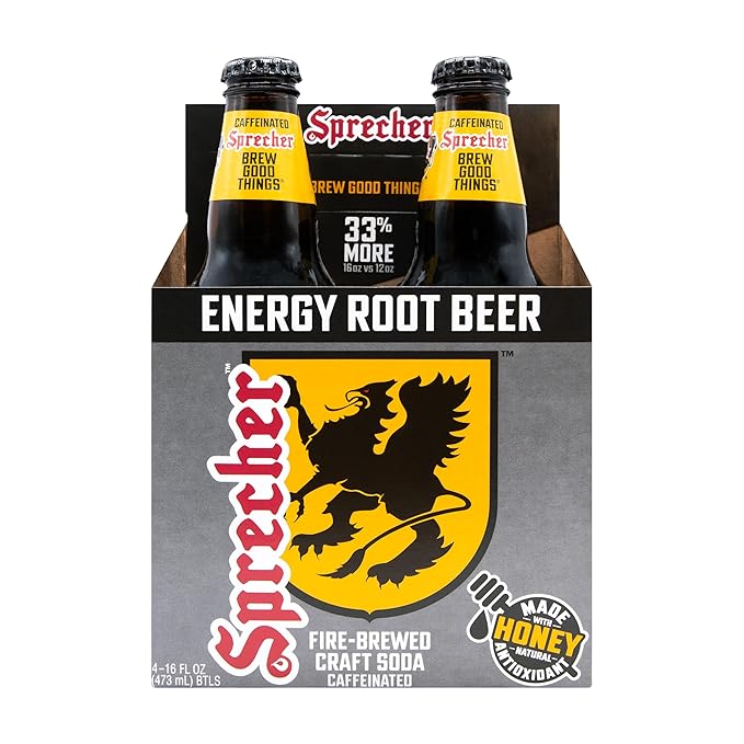Sprecher Energy Root Beer in 16 fl oz Glass Bottles (12 Pack) Caffeinated Fire Brewed Craft Soda with Real Honey Naturally Flavored Root Beer Energy Drink