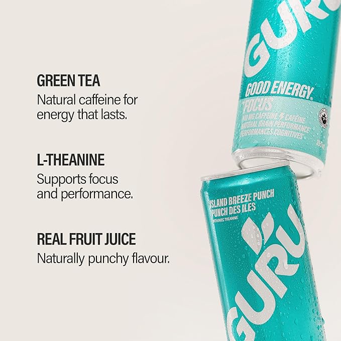 GURU Island Breeze Punch Organic Energy Drinks Clean Energy Drink with Plant Based Natural Caffeine from Green Tea + Focus with L Theanine Gluten Free and Vegan 140MG Caffeine 12oz (Pack of 24)